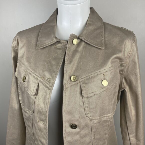 Ralph Lauren Jeans Co Jacket Women Medium Metallic Gold Tan Denim Button Up - Picture 2 of 8